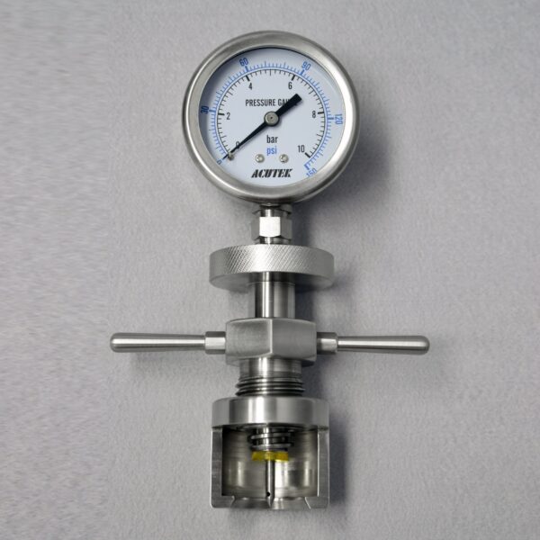 CCA Crown Cap Aphrometer showing pressure gauge and crown cap attachment