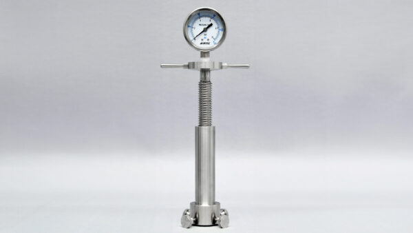 Cork aphrometer with stainless steel manometer for accurate pressure measurement in sparkling wine bottles.