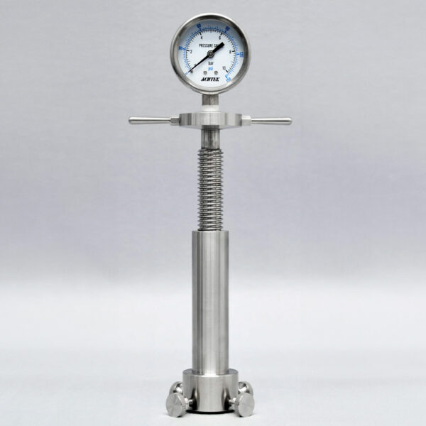 Cork aphrometer with stainless steel manometer for accurate pressure measurement in sparkling wine bottles.