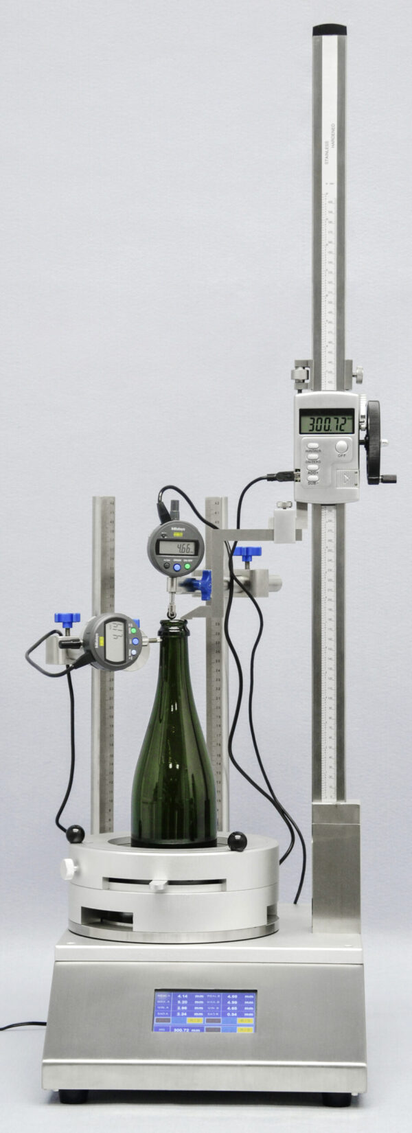 UBPT-3 Universal Bottle Perpendicularity Tester with mouth clearance and height gauges for precise measurement.